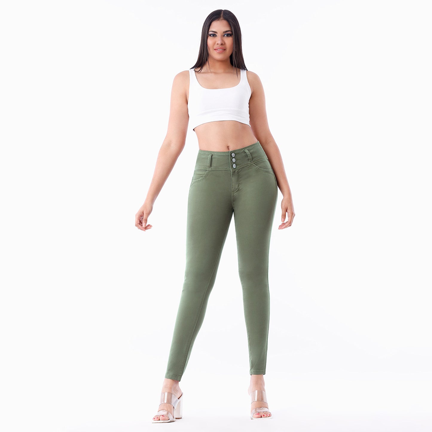 pantalon drill mujer push up plomo verde militar