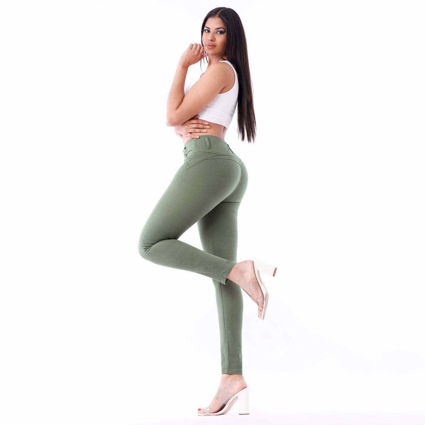 pantalon drill mujer push up plomo verde militar