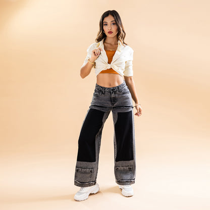 Pantalón Palazzo Cargo Negro Frosteado
