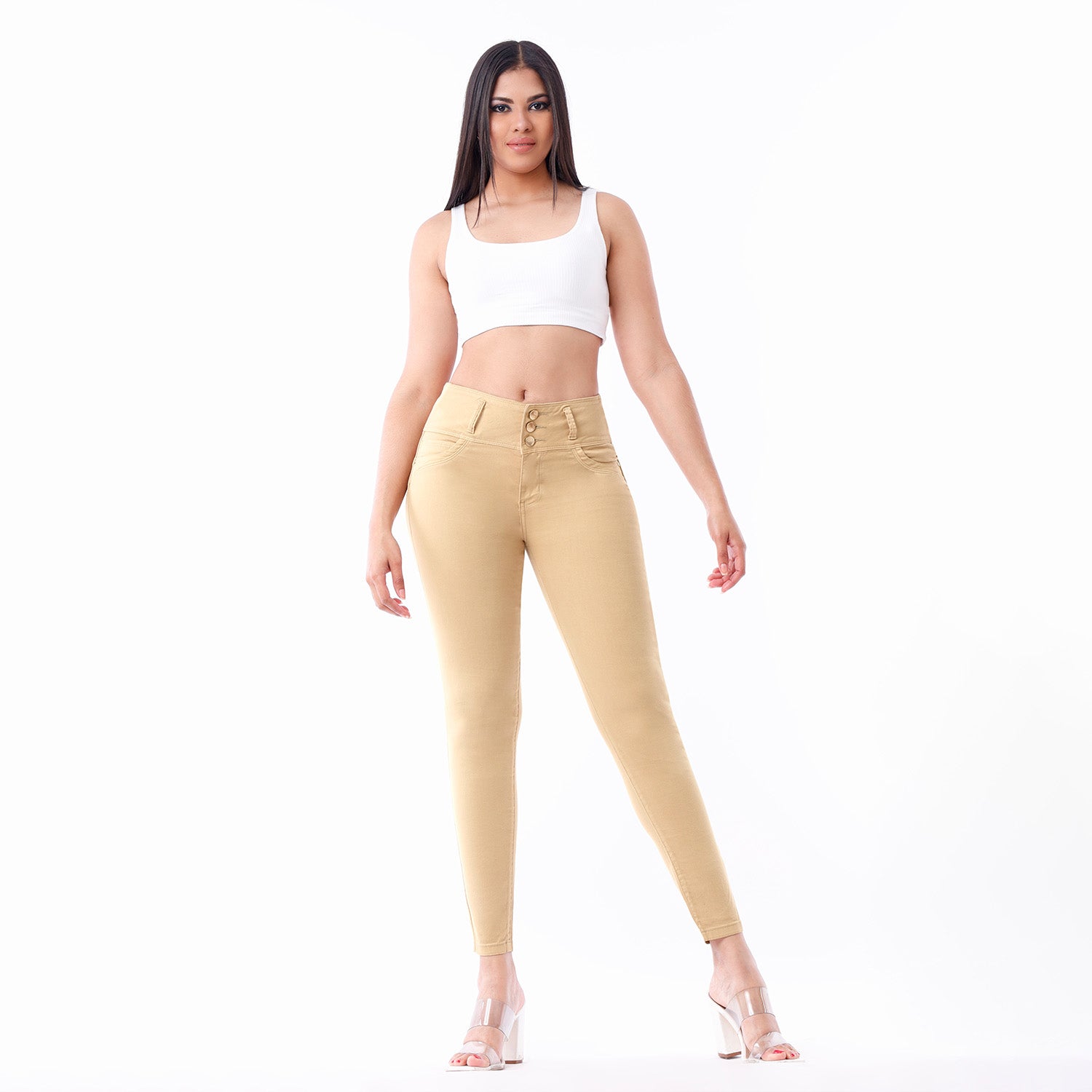 pantalon drill mujer push up plomo beige